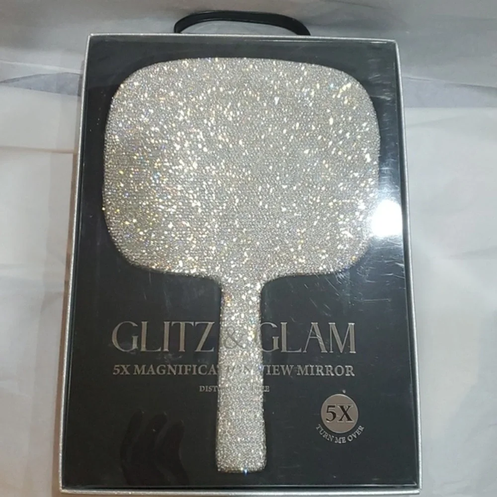 5X magnification Glitz Glam blinged crystal rhinestone hefty handheld mirror new